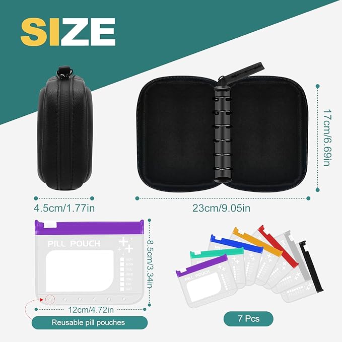 Timueetech A7 Waterproof Pill Organizer with 7 PCS L Size Zippered Pill Pouches for A7 Binder, Large BPA-Free Weekly Medicine Organizer, Color-Coded Reusable Travel Pill Storage System