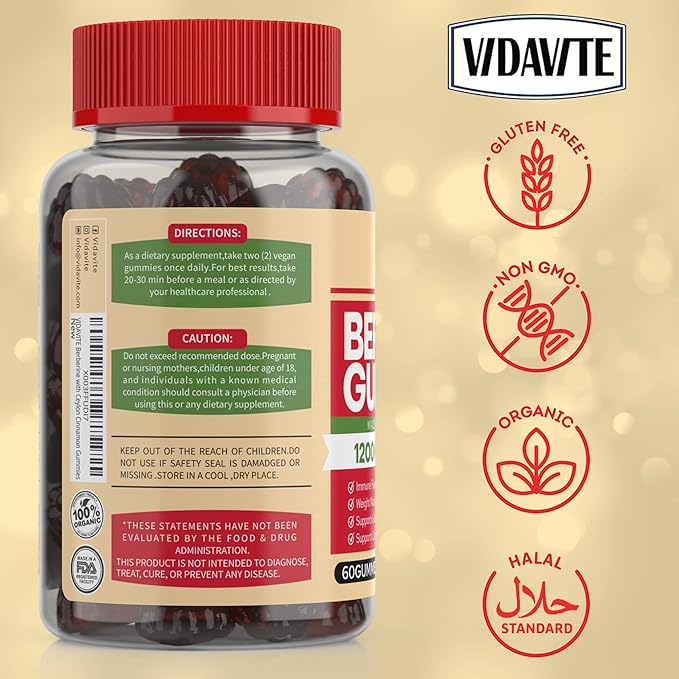 VIDAVITE Berberine with Ceylon Cinnamon Gummies — Sugar-free, 98% Pure & 10x Absorption — 1200mg HCL Organic Berberine Supplement for Weight Management, Immunity, Metabolic & Digestive Health(30 Days)