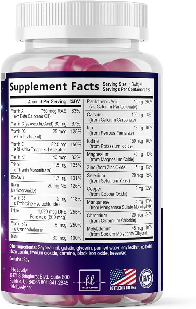Multivitamin For Women - Complete Daily Woman's Multivitamins with Biotin, Calcium, Folic Acid, Iron, Zinc, Vitamin A, C, D, E & B Vitamins, Women's Hair Skin and Nails Supplements - 120 Softgels