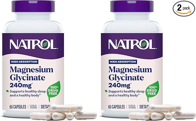 Natrol Magnesium Glycinate Supplements 240 mg - High Absorption - Calm Magnesium Glycinate for Sleep - 60 Capsules,30 Day Supply,(Pack of 2)