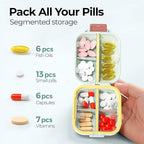 7 Compartments Travel Pill Organizer, Foldable Portable Airtight Daily Pill Box, Compact Pill Case for Purse & Pocket, BPA-Free Medicine Organizer for Vitamins Fish Oil Supplements (Green)