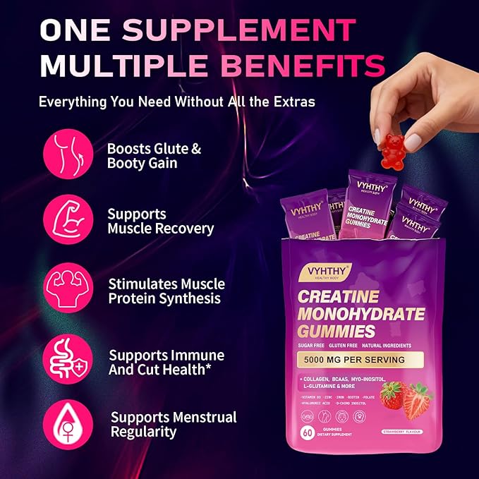 Creatine Monohydrate Gummies – with Collagen, BCAAs, L-Glutamine, Biotin, Zinc, Vitamin D3 & Hyaluronic Acid – Daily Pre & Post Workout Recovery, Sugar-Free (60 Gummies)