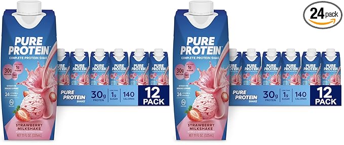 Pure Protein Strawberry Protein Shake,30g Complete-Protein,Ready to Drink and Keto-Friendly,Vitamins A,C,D,and E plus Zinc to Support Immune Health,11oz Bottles,(Pack of 24)