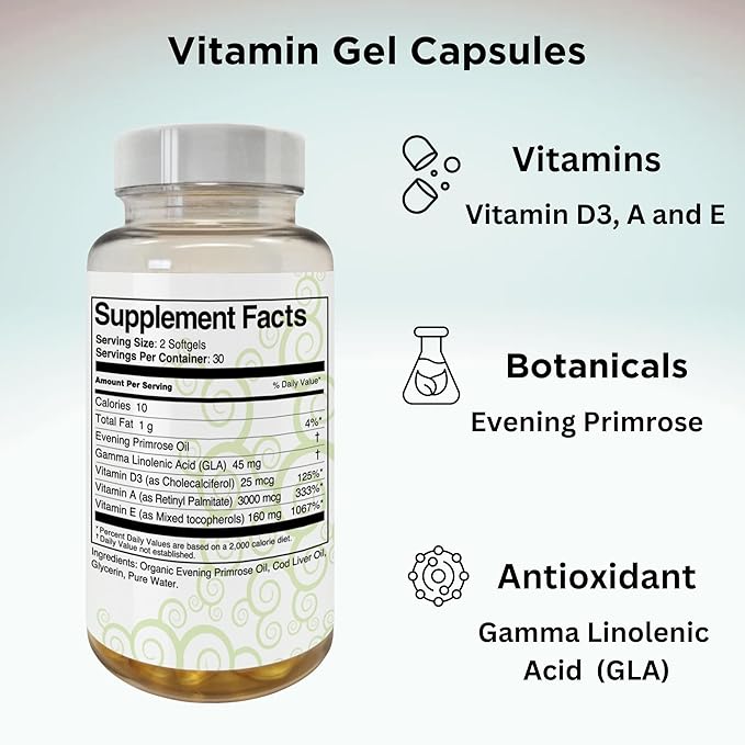 Clear Skin Acne Vitamin Gel Capsules with Evening Primrose Oil, Vitamin A, D (D3) & E | All Natural Complexion Supplement | 60 Count Softgel Capsules