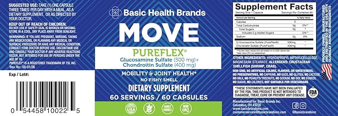 Basic Brands - Move Pureflex Glucosamine Chondroitin - Joint Support Supplement for Flexibility & Mobility - 60 Capsules - 2-Pack