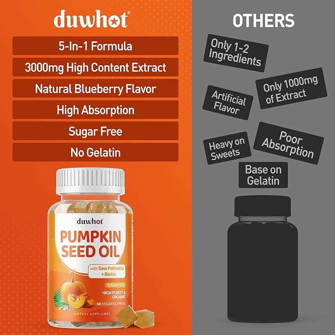 Pumpkin Seed Oil Gummies, Organic Pumpkin Seed Oil Supplements with Saw Palmetto, Biotin for Skin & Hair Growth, Cold Pressed Pumpkin Seed Extract with Stinging Nettle for Prostate Health, Vegan, 60