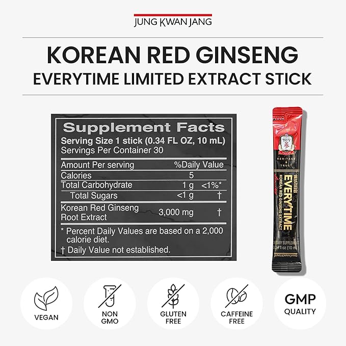 JungKwanJang Everytime Korean Red Ginseng Extract Limited Stick - Earth-Grade Red Panax Ginseng Root Energy Drink - Vegan & No Caffeine Liquid Supplements (10 Sticks, 0.34 fl oz)