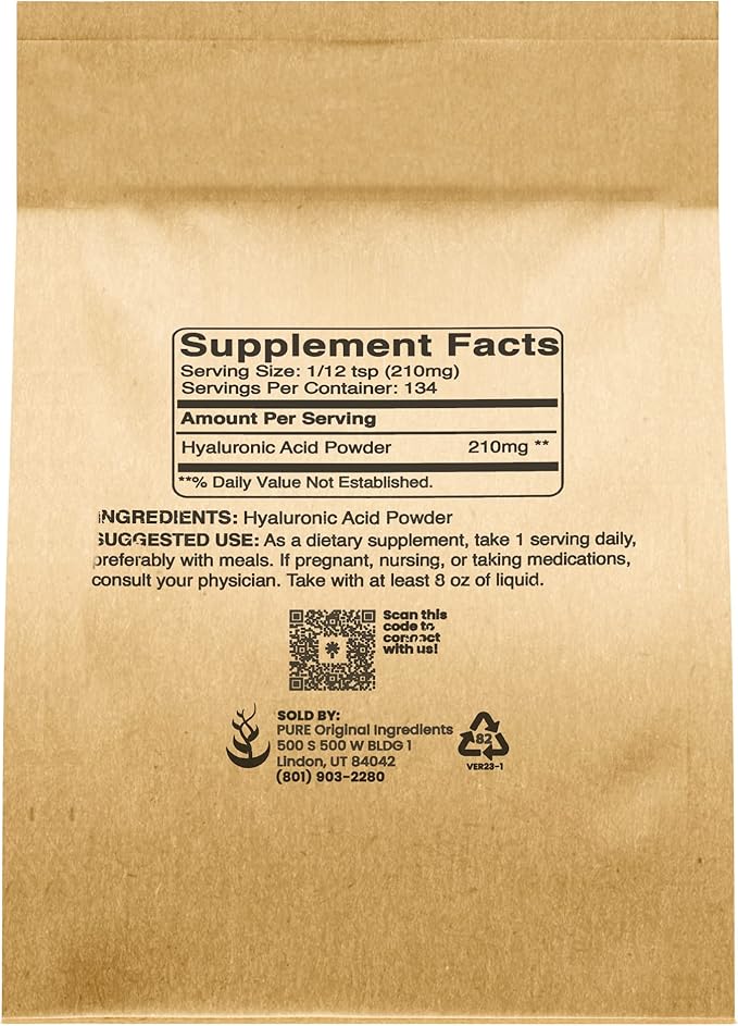 PURE ORIGINAL INGREDIENTS Hyaluronic Acid (1oz) Water Soluble, High Molecular Weight