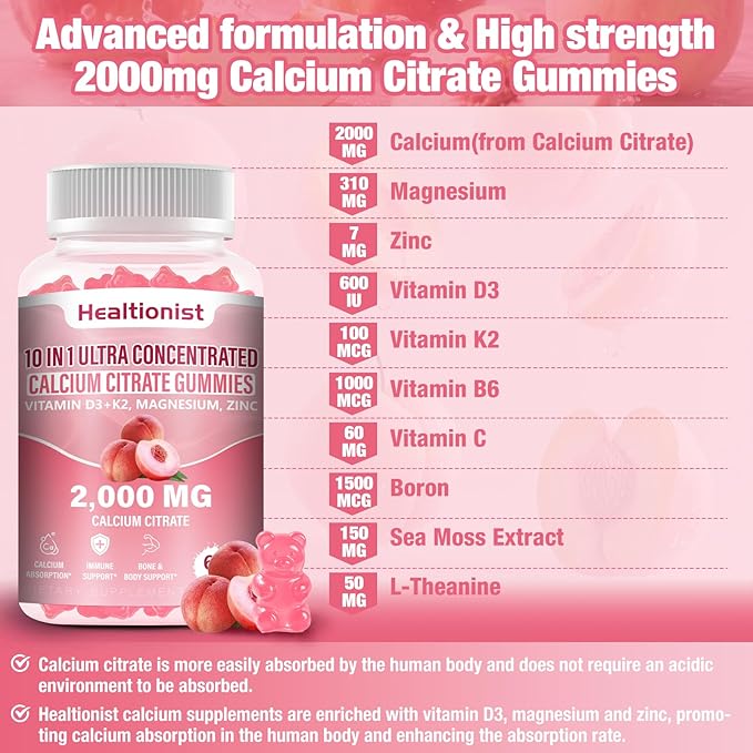 1 Packs 2000mg Calcium Citrate with Vitamin D3 K2 Supplements Gummies for Women & Men, Magnesium, Zinc, High Absorption, Bone, Muscle & Immune Support, 60 Counts Peach Flavor Gummies
