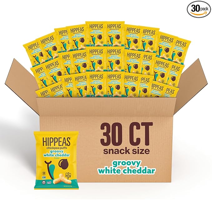 HIPPEAS Chickpea Puffs, Groovy White Cheddar, Gluten Free Snacks, Dairy Free, Vegan, 0.8oz, Pack of 30, 3g Protein, 2g Fiber, Crunchy, Nutritious, Baked Plant Protein Snack, Non-GMO, Kosher