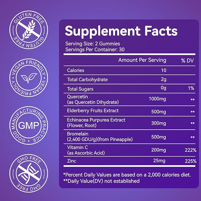 Quercetin Gummies, 1000mg Quercetin with Bromelain Zinc Elderberry, Immune & Antioxidant Support, Vegan Gummies for Adults & Kids, 60 Count