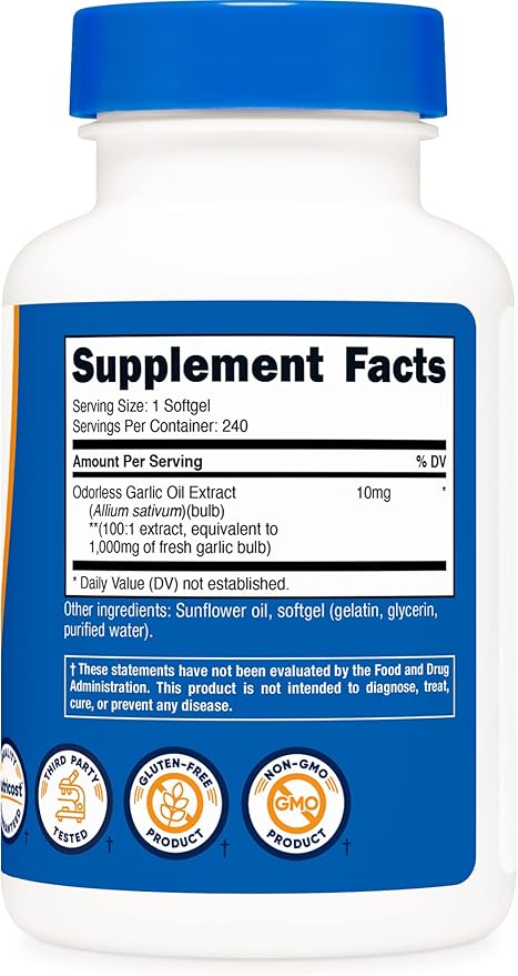 Nutricost Garlic 1000mg, 240 Softgels (3 Bottles) - Odorless, Premium Gluten Free Supplement