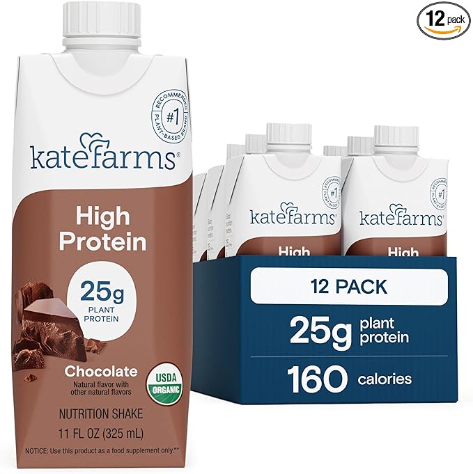 KATE FARMS Organic High Protein Chocolate Nutrition Shake, 25g Protein, 6g Fiber, 27 Vitamins and Minerals, 0g Sugar, Protein Drink, 11 oz (12 Pack)