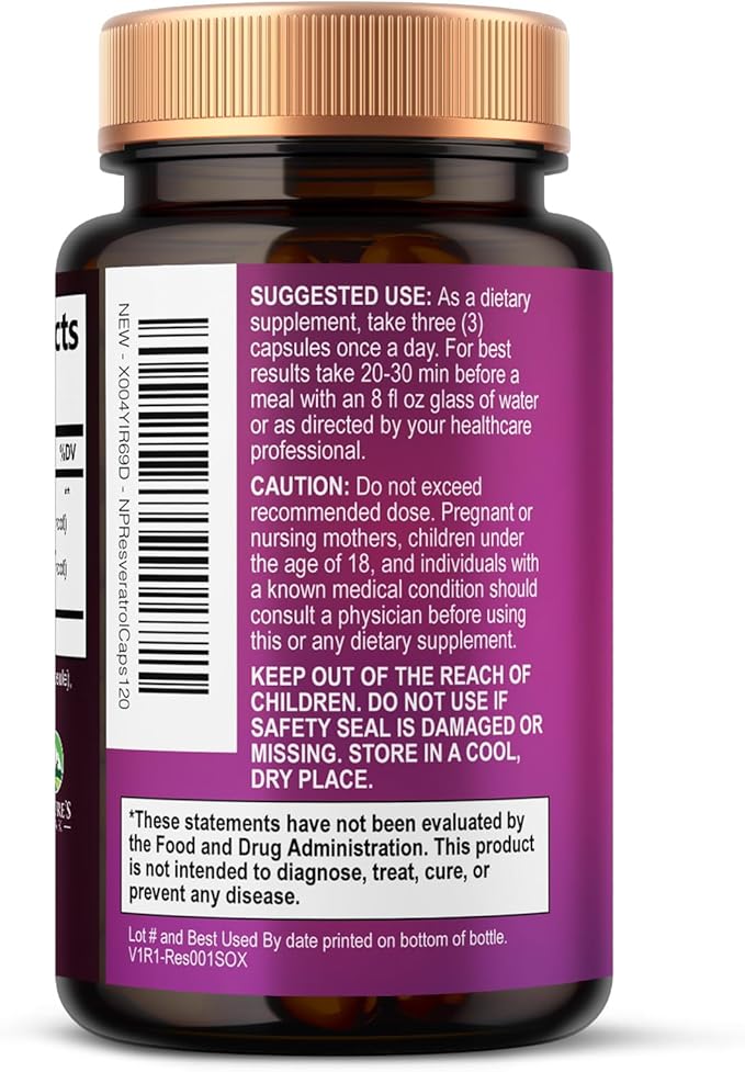 100% Natural Resveratrol 1800mg - 3X Strength Trans-Resveratrol Pills for Heart Health, Best Resveratrol Supplements, Potent Polyphenols Antioxidant Complex, Non-GMO, Bottled in USA - 120 Capsules