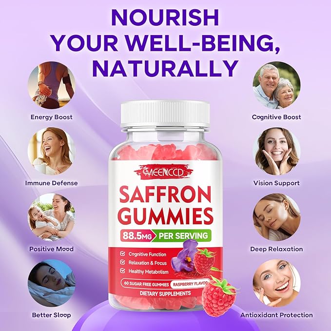 MEENCCD Saffron Gummies for Kids & Adults - Saffron Supplements with Magnesium, L-Theanine, Rhodiola, Sugar-Free, Raspberry Flavor, 60 Count