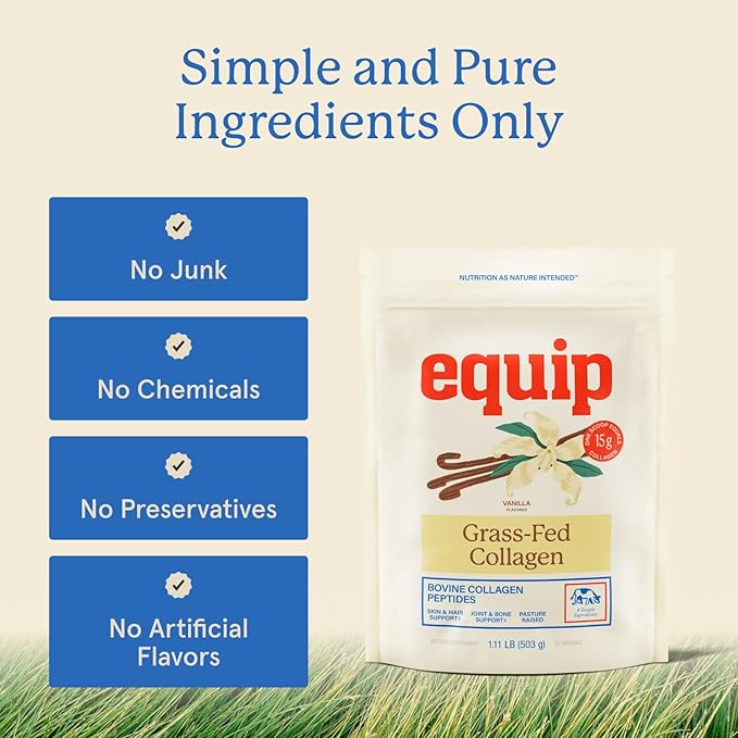 Equip Foods Grass Fed Collagen Powder | Hydrolyzed Bovine Collagen Peptides with Amino Acids | Prime Beef Collagen for Healthy Joints, Skin & Nails | Non-GMO, Paleo Friendly | 30 Servings, Vanilla