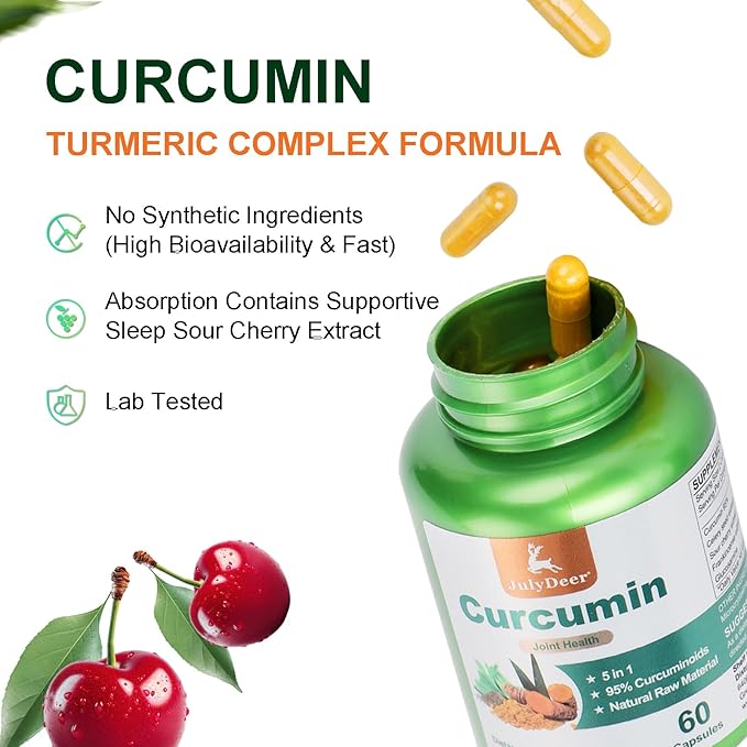JulyDeer Curcumin Turmeric Complex 2 Bottles with Celery Seed, Sour Cherry, Frankincense Extract, Glucosamine, 95% Curcuminoids for Joint Health, Antioxidant, Immunity Support - 120 Capsules