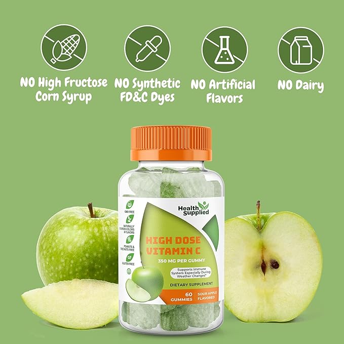 Sour Apple Flavored Vitamin C Gummies Mega Dose - 1050 mg Vitamin C - Boosts Immune System and Supports Heart Health - Great Tasting and Easy to Swallow
