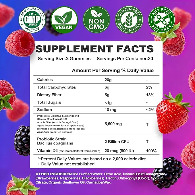 Prebiotic Fiber Gummies, 5g Fiber per Serving, 2 Billion CFU Bacillus Coagulans + Vitamin D3, Sugar Free Pectin Mixed Berry Gummies, Inulin (FOS) + Acacia + Apple Pectin, 120 Gummies (60 Servings)