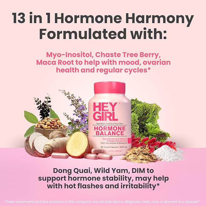 Hey Girl Hormone Balance for Women – 13-in-1 Menopause, PMS & Cycle Support – Mood & Hot Flash Support – w Myo-Inositol, Berberine, Maca Root, Black Cohosh, DIM, Dong Quai