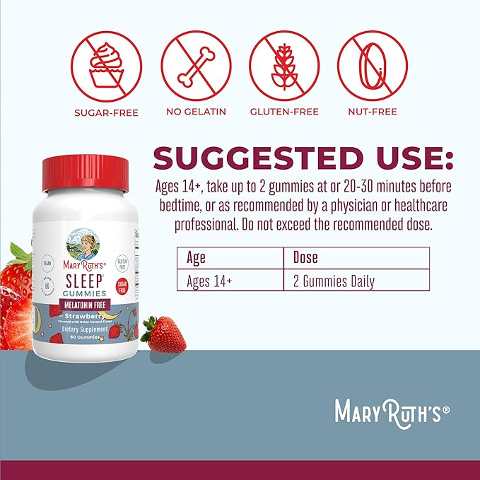 MARYRUTH'S Sleep Gummies | Sugar Free | NO Melatonin | L Theanine | Lemon Balm Leaf | Chamomile | Vitamin B6 | Relaxation & Sleep Support | Stress Relief | Vegan | Gluten Free | 60 Count