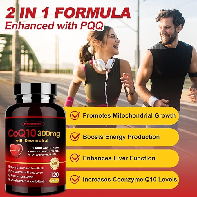 ZEBORA CoQ10-300mg with Trans-Resveratrol, PQQ & Vitamin E - High Absorption Coenzyme-Q10 with BioPerine - Powerful Antioxidant for Heart & Energy-Production,120 Veggie Capsules