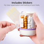 4 Compartments Pill Bottle Organizer, Anti-Mix Travel Pill Dispenser with Safety Lock, Pill Case with 16pcs Labels, Cute Pill Organizer for Seniors, Caregivers & Daily Vitamin Management(Purple)