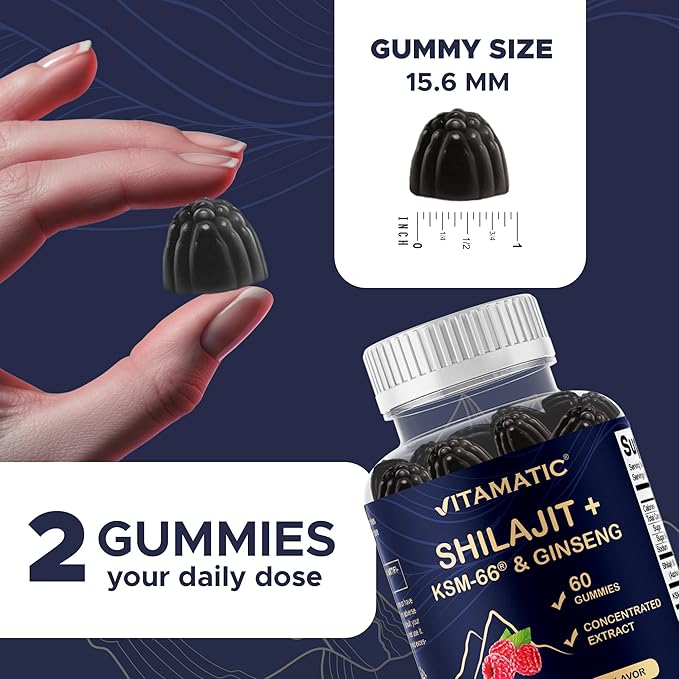Vitamatic Shilajit with KSM-66® Ashwagandha & Ginseng Extract Gummies – Natural Raspberry Flavor – 60 Vegan Gummies - Made in USA