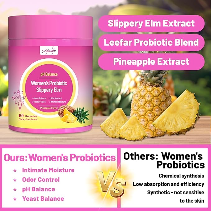 Women Probiotics Gummies, 60 Vegan Sugar-Free Hawaiian Pineapple Gummies with Slippery Elm Cranberry Lactobacillus Blend, 4-in-1 Feminine pH Balance Gut Immune Vaginal Health