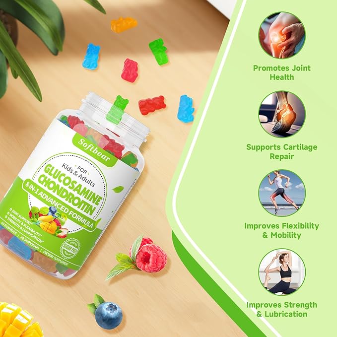 softbear Glucosamine Chondroitin Gummies with MSM Triple Strength, Organic Chewable Glucosamine Chondroitin Supplement for Joint Support Vegan Mixed Fruit Flavor 120 Gummies