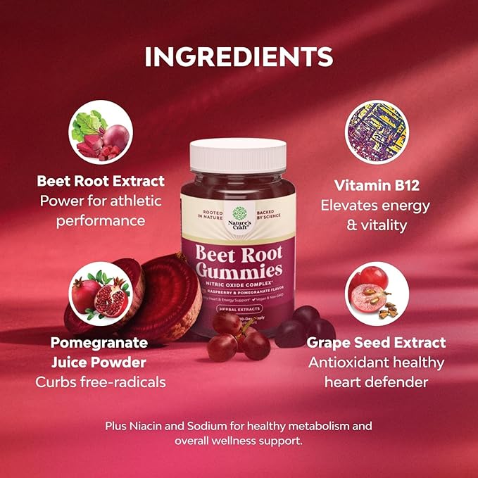 Flow Boosting Beet Root Gummies - Invigorating Beet Gummies for Adults Nitric Oxide Energy & Heart Health Support with Grapeseed Pomegranate & Vitamin B12 - Vegan Non-GMO & Gluten Free - 60 Count