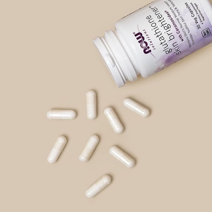 NOW Foods Solutions, Glutathione Skin Brightener with Ceramosides®, Moisturizing and Illuminating, 30 Veg Capsules