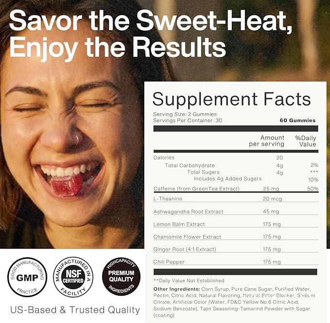 ZAB Spicy Gummies Ashwagandha 45mg with L-Theanine & Caffeine – Energy, Calm & Mood Support Gummies for Couples – Vegan Yellow Peach Flavor Cubes, 60 Count
