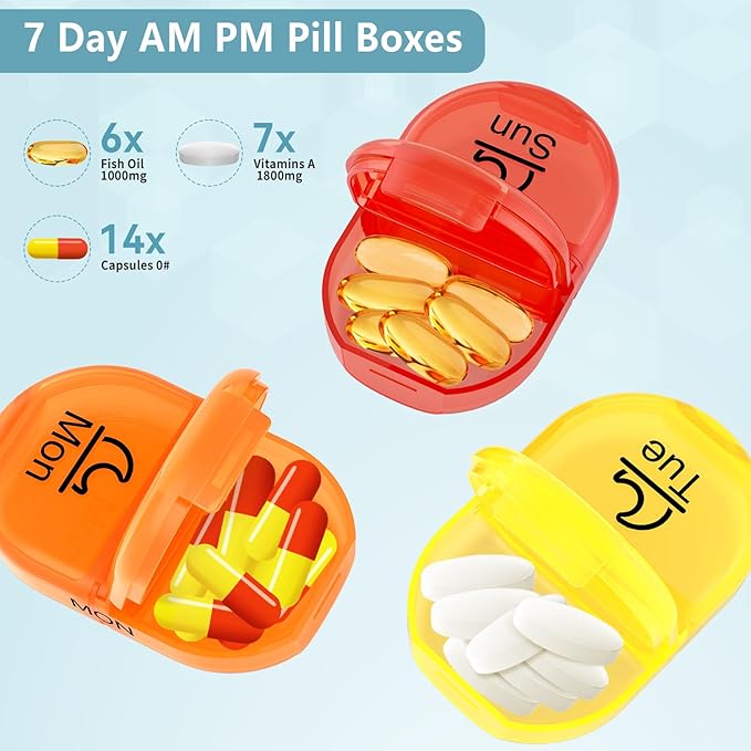 Serfeymi Weekly Pill Organizer 2 Times a Day Travel Medicine Pill Organizer AM PM Pill Box 7 Day with Protection Pill Case Daily Medication Organizer For Vitamins, Fish Oil-Black Case+Rainbow Pill box