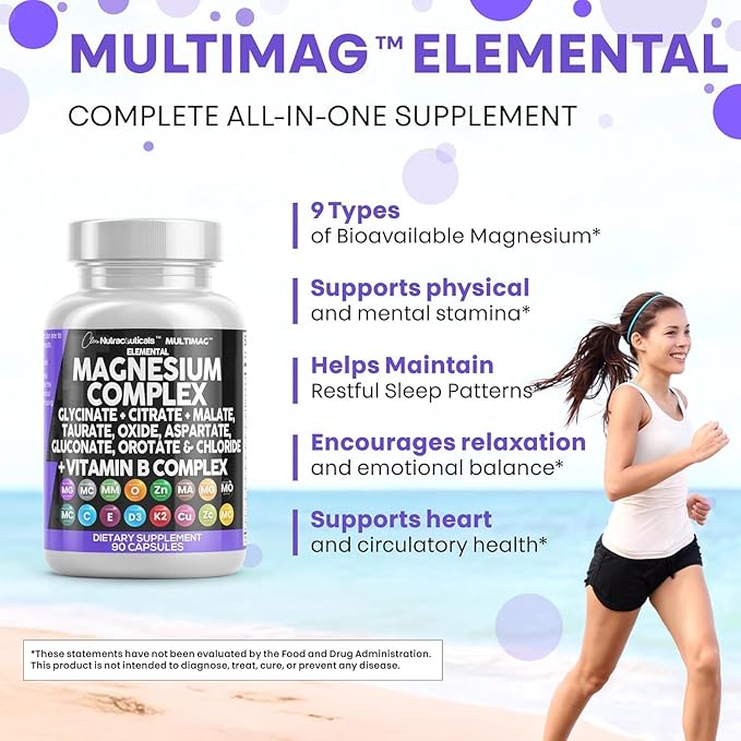 Clean Nutraceuticals Magnesium Complex with Magnesium Glycinate Citrate Malate Oxide Taurate Aspartate Orotate & Mag Chloride, Zinc Copper Manganese (90 Count (Pack of 2))