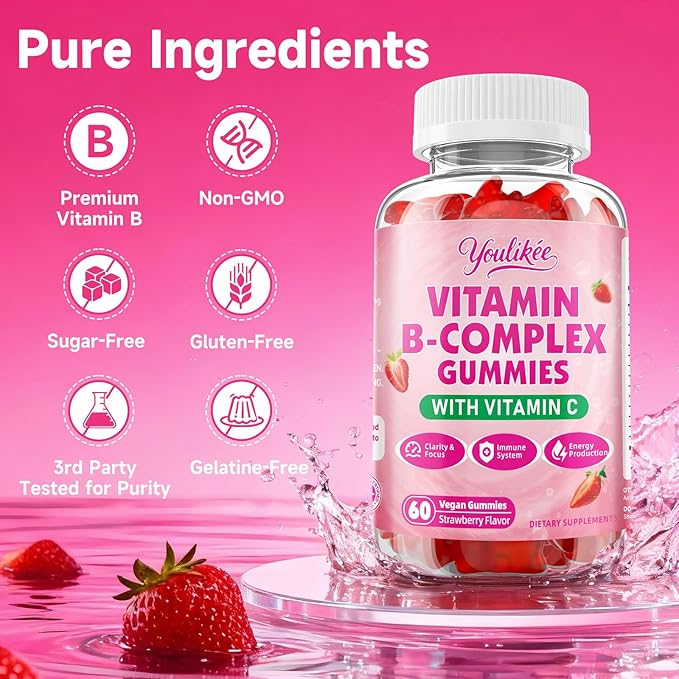 Vitamin B-Complex Gummies for Women & Men, Methyl B12, B1, B2, B3, B5, B6, B7 & B9 - Vitamin B Complex with Vitamin C Supports Energy & Immune Function, Strawberry Flavor, 60 Count