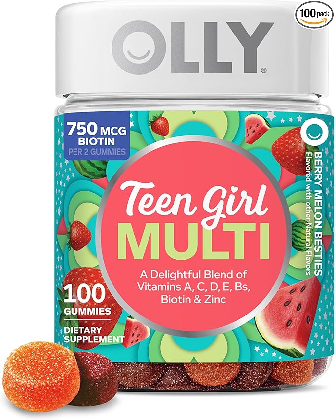 OLLY Teen Girl Multi Gummy, Healthy Skin and Immune Support*, Essential Vitamins, Biotin, Zinc, Chewable Multivitamin, Strawberry Melon Flavored, 50 Day Supply - 100 Count