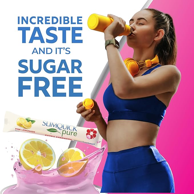 SlimQuick Pure 3X Extra Strength Drink Mix Packets, Metabolism & Weight Management for Women, Helps in Fat Breakdown, with Green Tea, Caffeine, Chaste Tree, Rhodiola Extract - Pink Lemonade, 26 Count