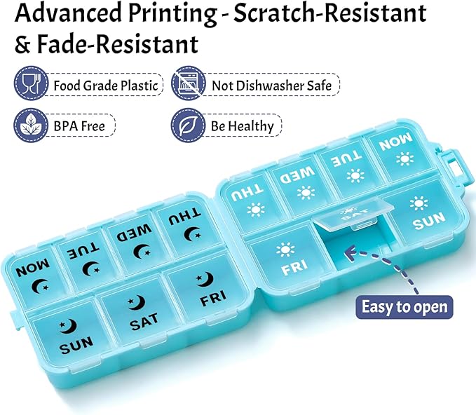 Foldable & Portable Weekly Pill Organizer 2 Times a Day with Clear Printed Labels - 7 Day AM PM Medicine Box, Week Daily Travel Pill Meds Case Holder for Medications, Vitamin, Supplement - SkyBlue