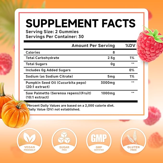 MEENCCD Pumpkin Seed Oil Gummies with Saw Palmetto, Pumpkin Seed Oil for Hair and Skin Health, Pumpkin Seed Extract for Women Men, Sugar-Free, Raspberry Flavor, 60 Count
