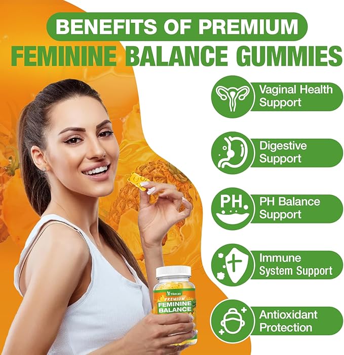 Premium Feminine Balance Gummies for Women, Pineapple Gummies for Women Ph Balance & Vaginal Health, Immune Support, Vegan, Gluten-Free, Pineapple Flavor, 60 Count