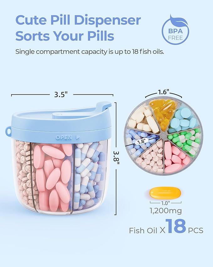 AMOOS Cute Pill Dispenser with 7 Large Compartments, Portable Pill Bottle Organizer with Wide Opening for Easy Use, Anti-Mix Pill Organizer for Travel, BPA-Free Pill Container, Blue