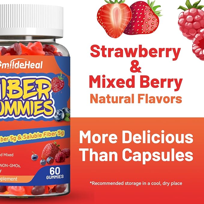 Fiber Gummies, Dietary Fiber, for Women and Men, Gut Health Support, Non-GMOs, Non-Gluten, Vegan, Mixed Berry and Strawberry Flavor, 120 Count Gummies
