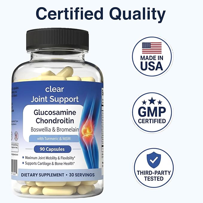 Clear Joint Support - Glucosamine Chondroitin MSM with Turmeric & Boswellia | 8-in-1 Formula | 90 Capsules (30-Day Supply) | Supports Knee, Hip & Back Health | Made in USA