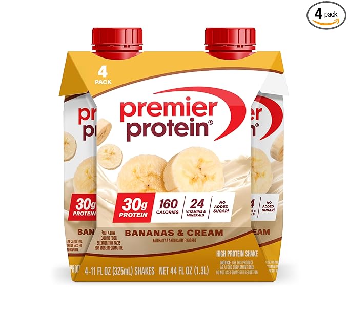 Premier Protein Shake, Bananas & Cream, 30g Protein, No Added Sugar, 24 Vitamins & Minerals to Support Immune Health, 11 fl oz, 4 Pack (Packaging May Vary)
