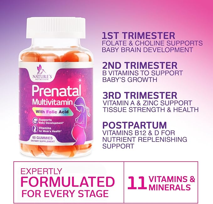 Prenatal Vitamins for Women - Pregnancy Vitamins Gummies with Folic Acid, Vitamin A, C, D3, B12, B6 - Prenatal Multivitamin Gummy for for Fetal Support, Pregnant & Nursing Women - 60 Gummies