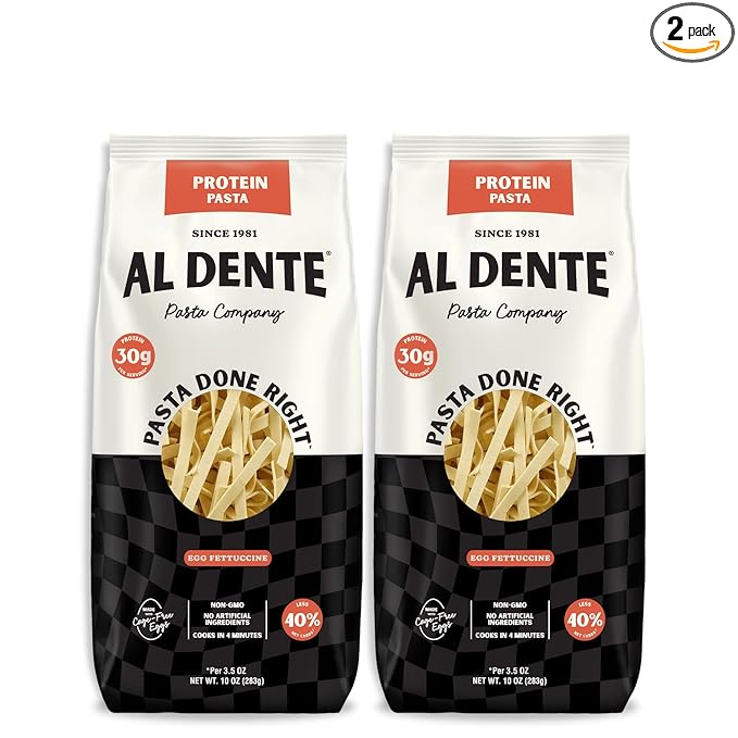 Al Dente Protein Pasta Egg Fettuccine – 30g High Protein in 3.5oz Serving, Lower Carb, High Fiber. Cage-Free Eggs & Semolina. (Previously Carba-Nada, Packaging May Vary) - 10oz Bags (Pack of 2)