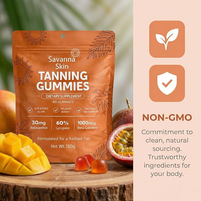 Savanna Skin Tanning Gummies, with Vitamin C & E, Astaxanthin, Beta Carotene, Skin Radiance & Hydration for Natural Looking Glow, Bronzing, Non-GMO, Vegan & Sugar Free - 60 Count (1)