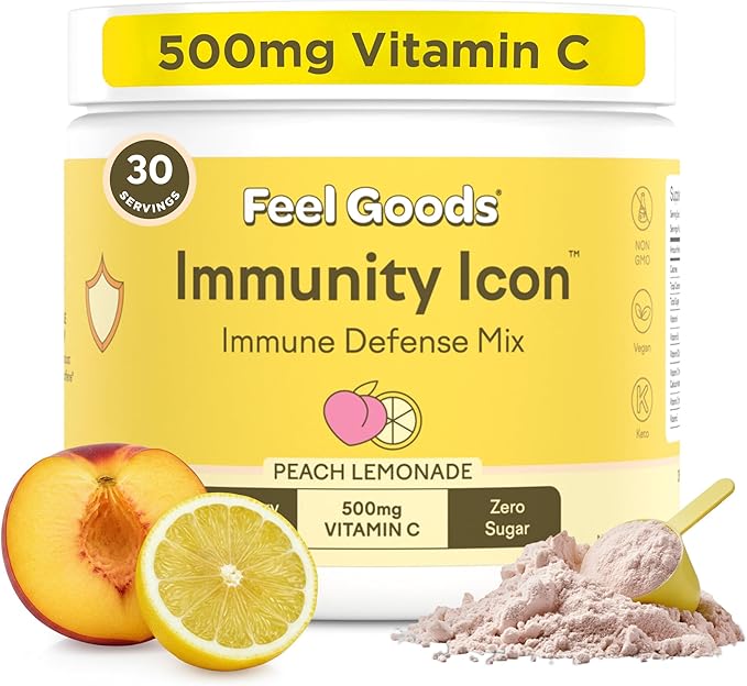 Feel Goods Immunity Icon, Vitamin C Immune Support Powder Drink Mix- 500mg Vitamin C, Elderberry, Ginger, Turmeric & Key Vitamins for Daily Immune Health - Sugar-Free & Caffeine-Free Drink Mix Packets
