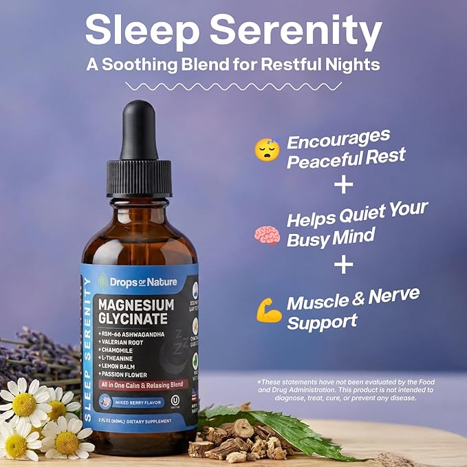 Magnesium Glycinate & Ashwagandha Liquid Drops with Valerian Root, Chamomile, Passion Flower, Lemon Balm & L-Theanine - Vegan Fast Absorption - Supplement for Wellness & Relaxation (Mixed Berry, 60mL)
